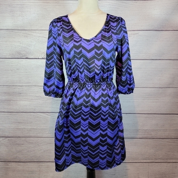 BEBOP Herringbone 3/4 Sleeve Dress Purple and Black Size Small - Picture 1 of 7